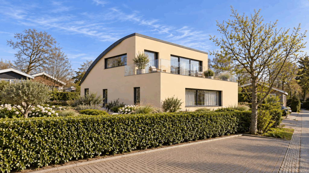 Dutch Arc house exterior with curved roof and glass balcony