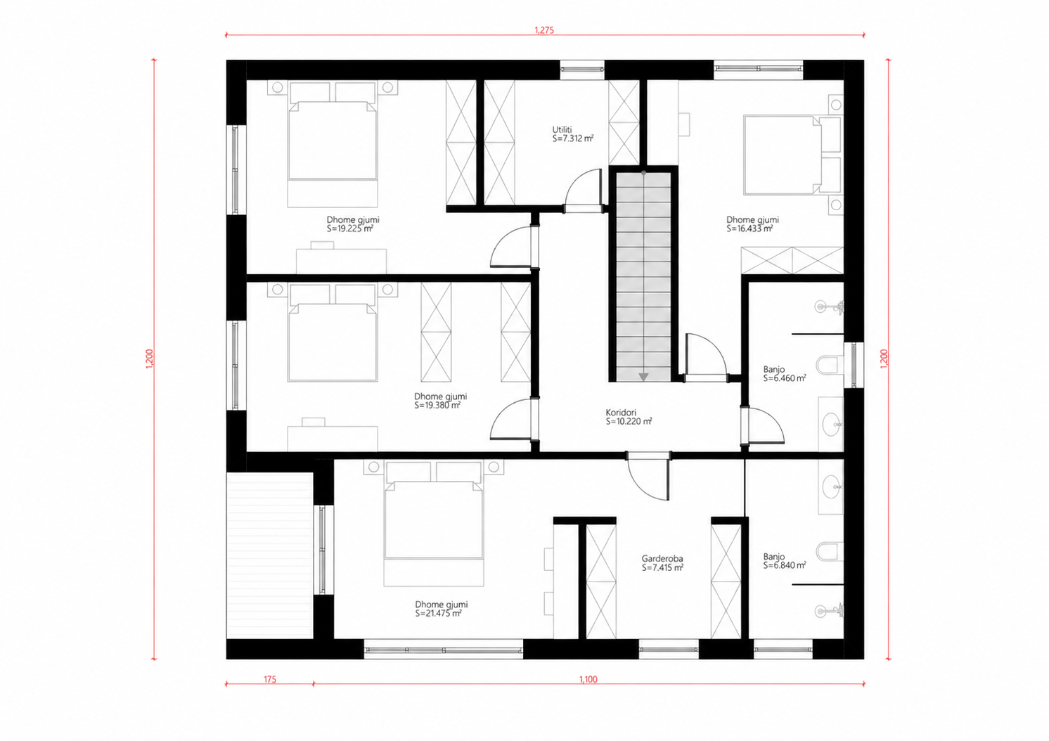 Villa Lira first floor plan with exterior perimeter dimensions only